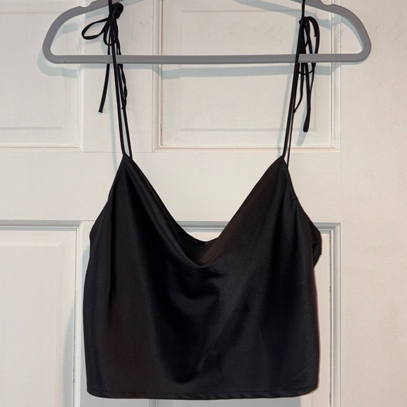 Brandy Melville Tops - Brandy Melville Cropped Satin Tank Adjustable Tie Straps Black